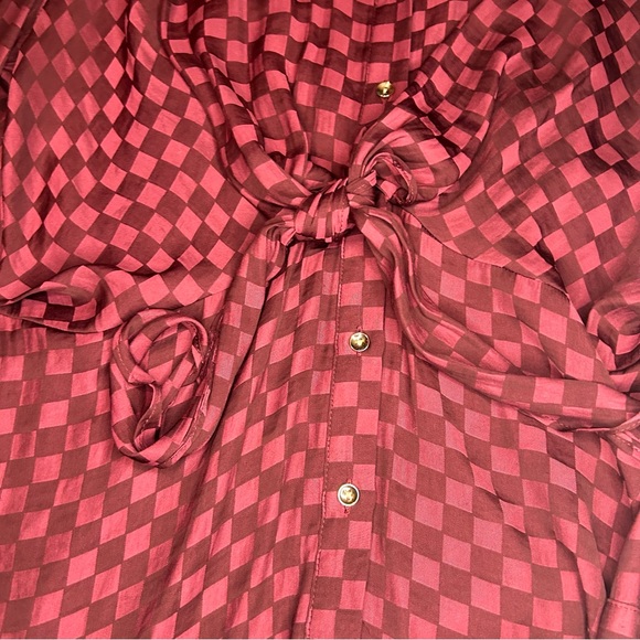 Cato Burgundy Checker Button Down Tunic Top XL Tie Waist Long Sleeve Blouse - Picture 5 of 8
